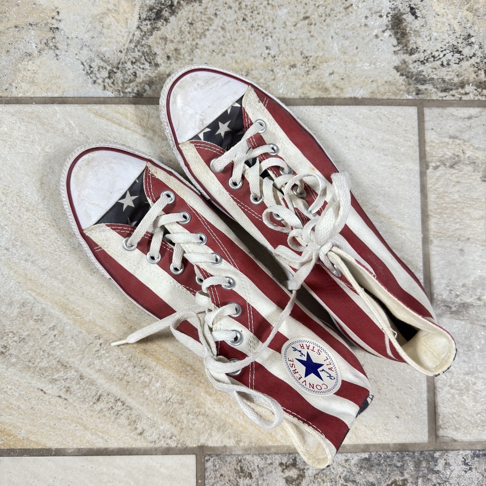 Red, white and blue converse high tops
